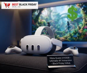 Meta Quest 3 512GB VR headset and controllers in a home theater setup with a vibrant 4K game screen background and a Black Friday value tag.