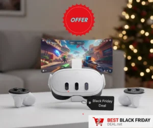 Meta Quest 3S mixed reality headset and controllers on a desk with a Black Friday deal tag and virtual UI screen